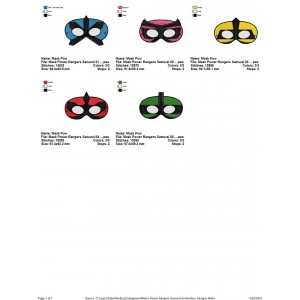 Package 5 Masks Power Rangers Samurai Embroidery Designs